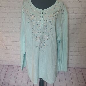 Napa Valley Woman Size 2X Cotton Embroidered Tunic Blouse Spring Green